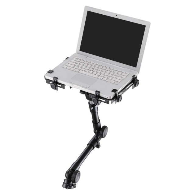 PROJECT AUTOPARTS mounting stand securely holding a laptop with the text 'PROJECT AUTOPARTS MOVING WITH YOU', highlighting the adjustable and durable design.